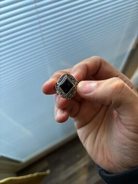 Men's Black Onyx Silver-Tone Ornate Cuff Link